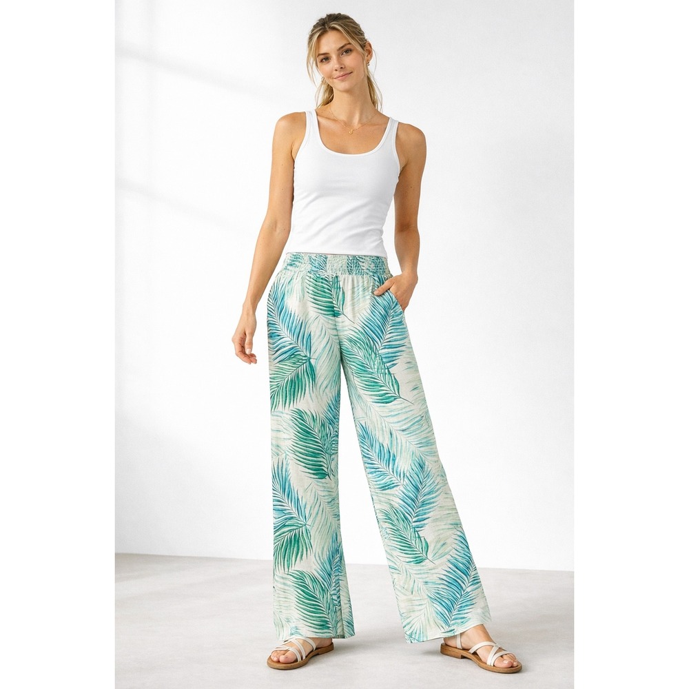 Tahari Womens XL 100% Linen Wide‎ Leg Tropical Palm Leaf Print Pants Teal White